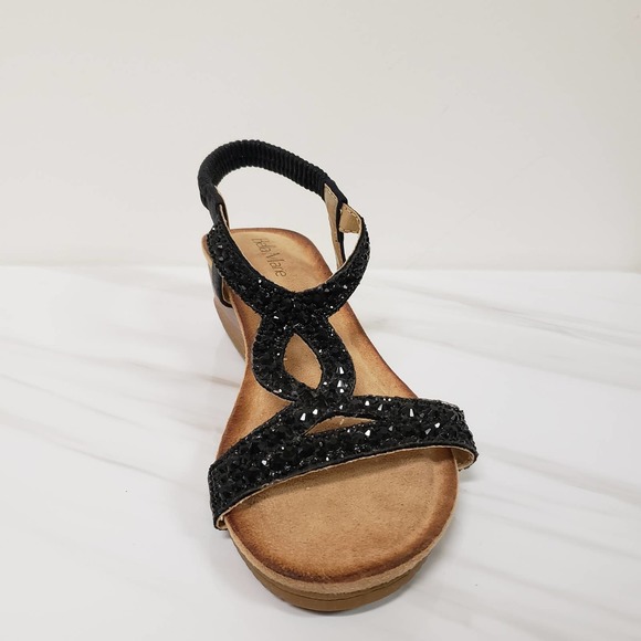 Black Rhinestone Comfort Sandal Cushioned Wedge Size 7.5 - Picture 4 of 7